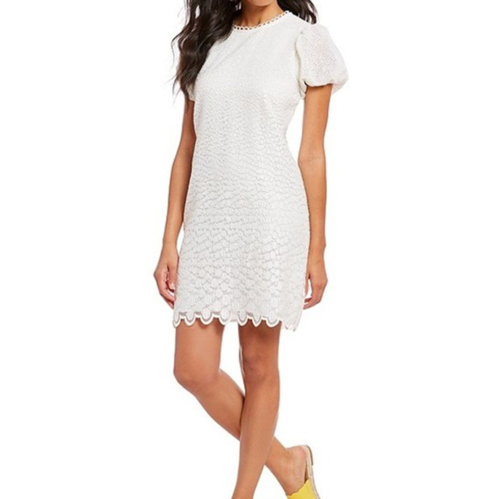 A‎ Loves A embroidered lace a line dress puff sleeve crew neck in white